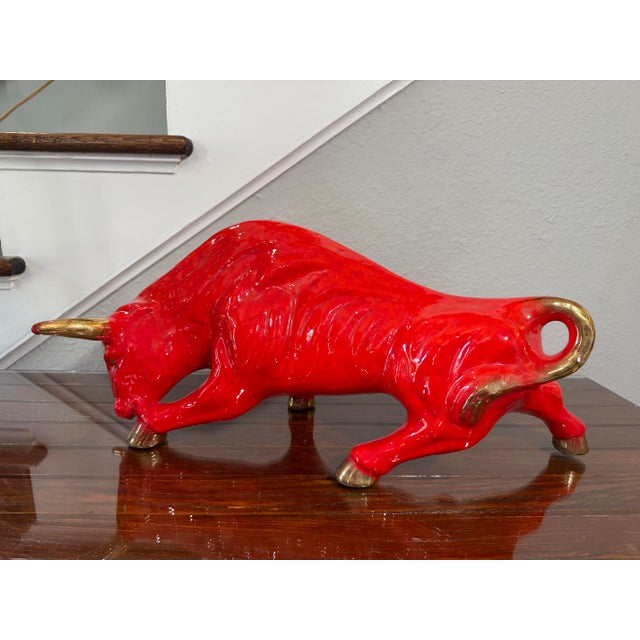 Large Pair of 1950s MCM Glossy Firehouse Red and Gilded Kt Gold Paint Accents Ceramic Fighting Bull and Matador Figurines For Sale - Image 4 of 12