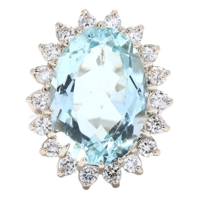 10ctw Oval Aquamarine Diamond Ring, 14k White Gold, Ring Size 7.75 For Sale