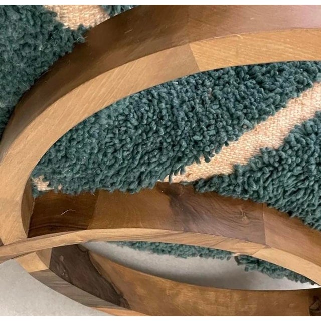 Wood Handmade Wool Chair,Cozy Boho Accent Chair With Natural Wood Frame, Handmade Wood Chair,The Deep Teal Wool With Ivory Geometric Lines. For Sale - Image 7 of 10