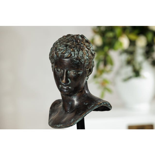 Late 20th Century Classical Greek Style Bronze Bust of a Young Man on Marble Base For Sale - Image 12 of 18