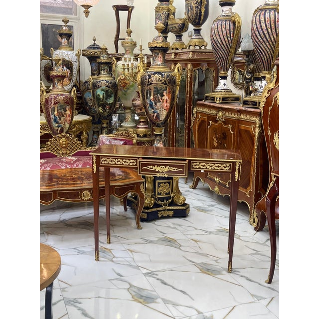 Brown French Style Console Table / Desk – Handcrafted Brown Finish With Gold Leaf For Sale - Image 8 of 9