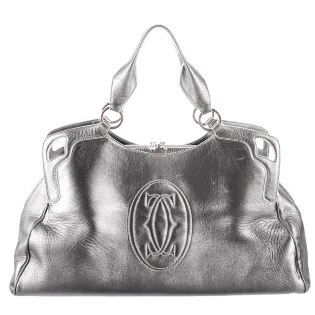 Cartier Marcello De Handbag Metallic Silver Leather Large Top Handle Bag Tote For Sale In Los Angeles - Image 6 of 7