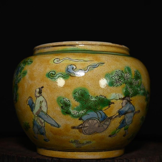 Chinese 1950s Sancai Yellow Ground Porcelain Jar, Chinese Scholar Figural Scene Pot For Sale - Image 3 of 9