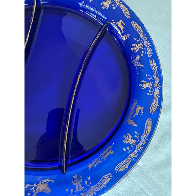 Late 20th Century Vintage Cobalt Blue Glass Divided Serving Dish With Gold Decorations For Sale - Image 5 of 9