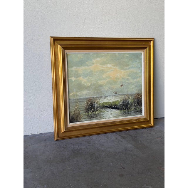 Vintage European coastal marsh landscape oil painting, sourced in Denmark, circa 1960–1975. This atmospheric composition...