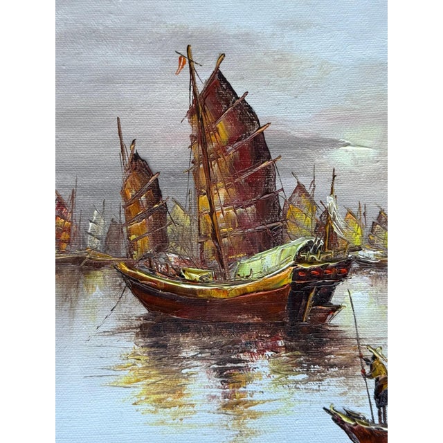 Chinese Vintage Asian Seascape Oil Chinese Junk Boats & Harbor Framed Original - Signed L Wong For Sale - Image 3 of 6