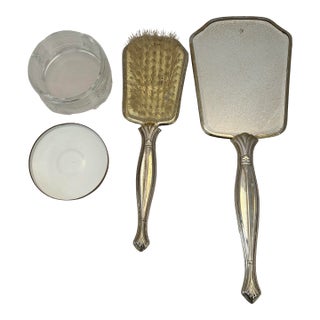 Mid-20th Century Silver Plate Vanity Set With Floral Insert – 3 Piece Boudoir Collection For Sale