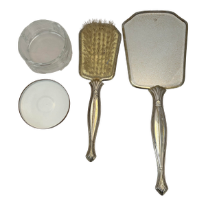Mid-20th Century Silver Plate Vanity Set With Floral Insert – 3 Piece Boudoir Collection