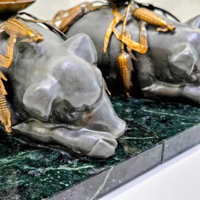 Late 20th Century Vintage Petites Choses Pewter Sleeping Pig Candle Holders on Green Marble – Pair, Usa For Sale - Image 5 of 15