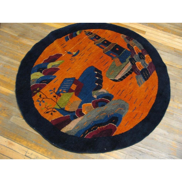 Art Deco 1920s Orange Scene Pictorial Antique Oval Chinese Art Deco Rug 4.06 X 4.1 Handknotted Wool Carpet For Sale - Image 3 of 6