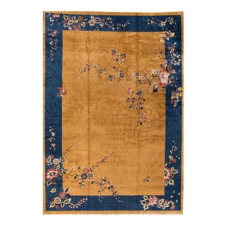 Large Antique Goldenrod Chinese Art Deco Wool Rug 12 Ft X 17 Ft 7 In For Sale