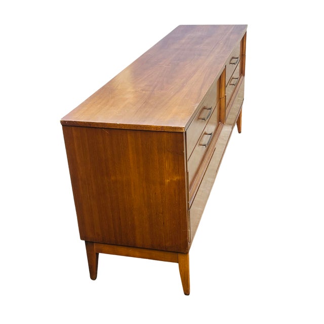 Mid-Century Modern Vintage Mid-Century Modern Walnut 7-Drawer Lowboy Dresser by Dixie Furniture – 1960s MCM Long Dresser With Sculptural Hardware & Tapered Legs For Sale - Image 3 of 14
