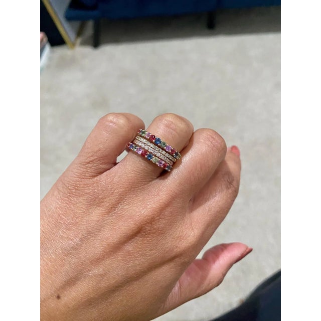 3.38 Carat Multi Color Sapphire Diamond Stackable Gold Bands Size 7 - Set of 5 For Sale - Image 9 of 9