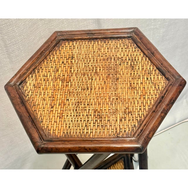 Vintage Tortoiseshell Bamboo & Rattan Hexagonal Tiered Drinks Table - Palm Beach Regency - McGuire Style For Sale In Mobile - Image 6 of 8