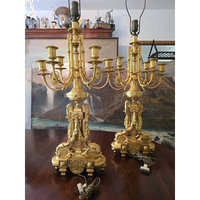 Antique Louis Xv Royal Bronze Pair Gilded Lamps Candleabra - a Pair For Sale - Image 12 of 17