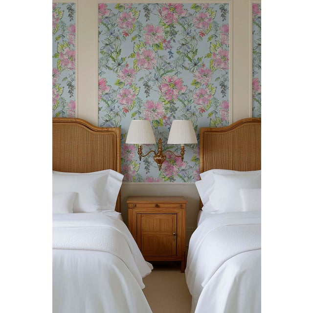 Painter's Garden Blue Floral Grasscloth Wallpaper by House Party | 6 Yards For Sale - Image 4 of 9