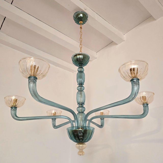 Venini 1980s Mid Century Modern Petrol Blue Murano Glass Chandelier For Sale - Image 4 of 11