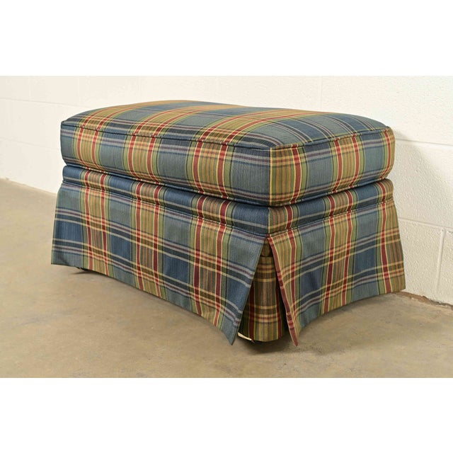 Blue Harden Furniture English Country Plaid Upholstered Lounge Chair With Ottoman For Sale - Image 8 of 15