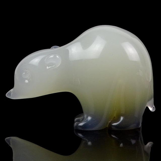 Mid-Century Modern Seguso Murano Vintage Opalescent White Dark Olive Italian Art Glass Baby Bear Cub Figurine For Sale - Image 3 of 6