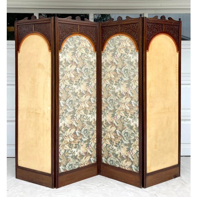 Wood Victorian Edwardian Upholstered Carved Wood Folding Floor Screen For Sale - Image 7 of 12