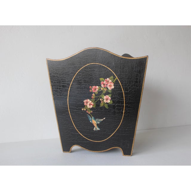 Vintage Chinoiserie Hand Painted Triangular Planter Wastebasket Humming Birds Botanic Motive Mid Century For Sale In Miami - Image 6 of 13