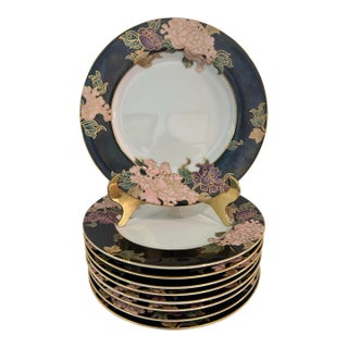 Late 20th Century Fitz and Floyd “Cloisonné Peony Black” Salad Plates - A Set of 9 For Sale
