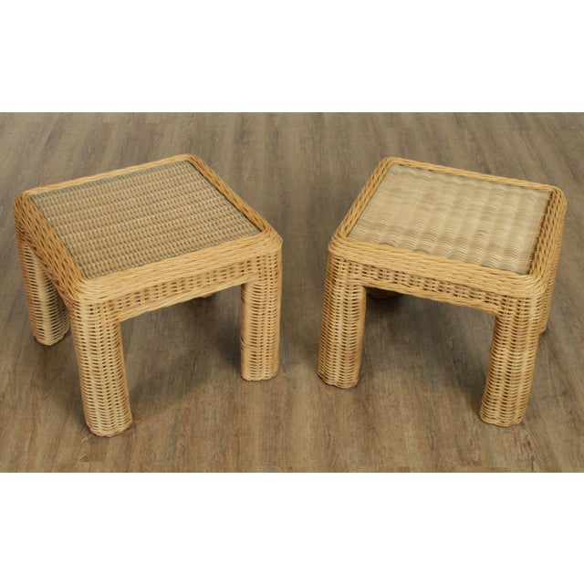 High Quality Vintage Pair of Wicker Side Tables with Glass Tops