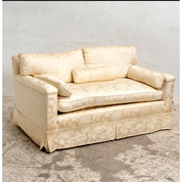 Ready to Place Custom Upholstered Sofa in an ivory silk fabric.