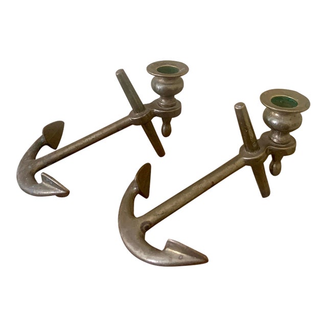 Mid 20th Century Italian Solid Cast Brass Anchor Candle Holders - a Pair For Sale