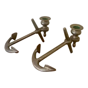 Mid 20th Century Italian Solid Cast Brass Anchor Candle Holders - a Pair