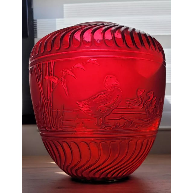 Baccarat 19thc French Antique Napoleon III Ruby Red Crystal Electrified Hanging Lantern Depicting Birds Signed by Baccarat For Sale - Image 4 of 12