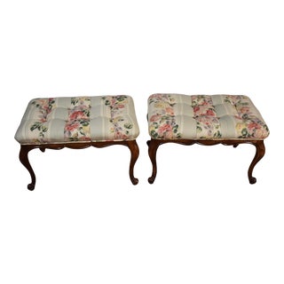 1950s Vintage Country French Fruitwood Tufted Seat Benches / Stools - a Pair For Sale