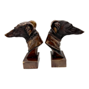 Pair of Bronze Cast Metal 9" Greyhound Whippet Dog Head Bust Bookends