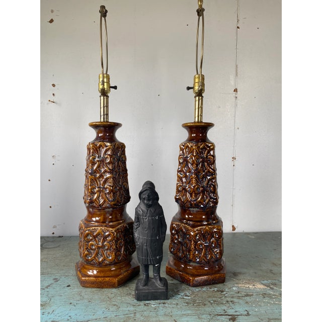 Vintage Large Ceramic Brown Drip-Glazed Retro Pottery Table Lamps - a Pair For Sale - Image 11 of 13