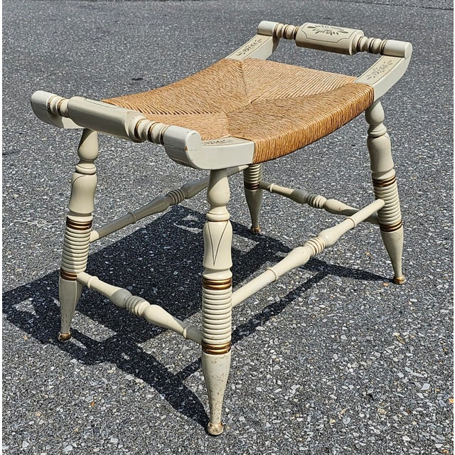 Mid 20th Century Hitchcock Style Partial Gilt and Enamel Painted Rush Seat Bench For Sale - Image 5 of 5