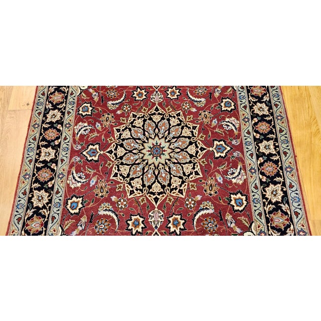 Vintage Persian Tabriz Area Rug, Hand-Knotted Wool & Silk, Floral Pattern, Pomegranate-Red & Navy, 3x5 For Sale - Image 16 of 18