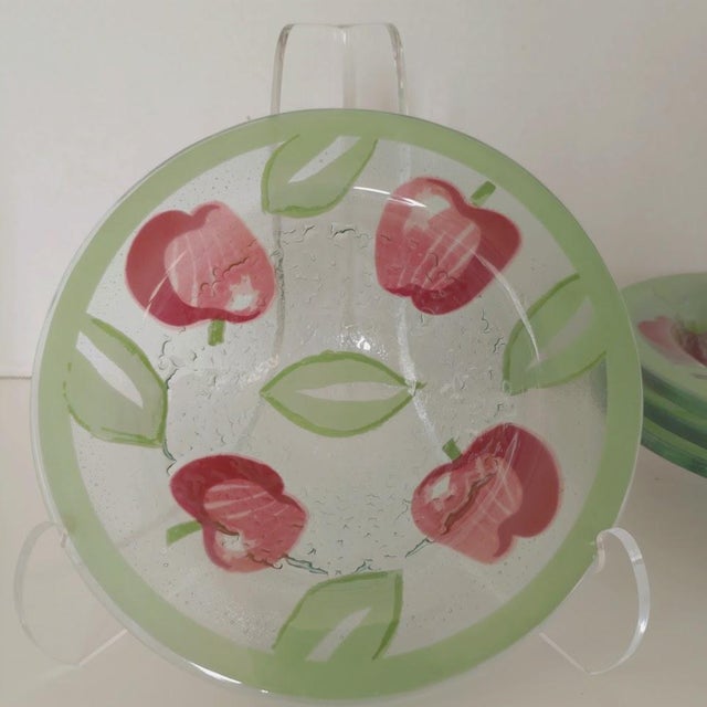 Contemporary Villeroy & Boch Handpainted Green Fused Art Glass Round Bowls Apples/Leaves- Set of 4 For Sale - Image 3 of 6