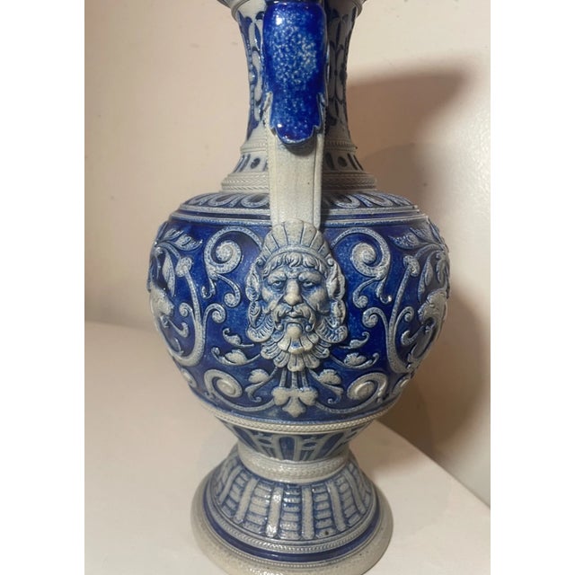 Large Antique Handmade Figural Blue Westerwald R. Hanke German Pottery Vase Jug For Sale - Image 4 of 11