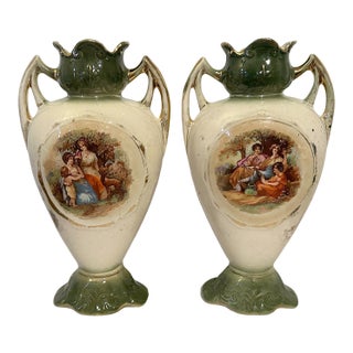 Pair of Antique Victorian Wild & Adams Large Handled Vases in Green - England For Sale
