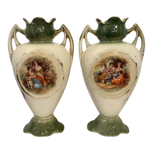 Pair of Antique Victorian Wild & Adams Large Handled Vases in Green - England