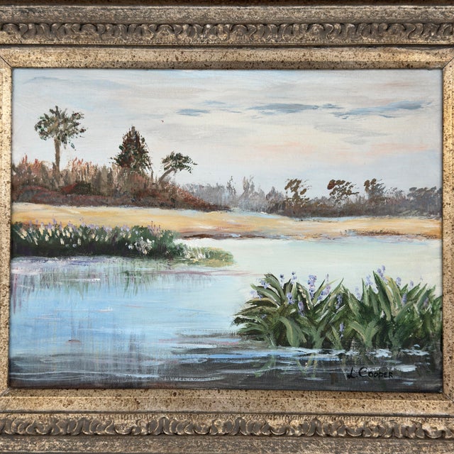 Blue Vintage Original Old Florida Marsh Landscape Painting For Sale - Image 8 of 12
