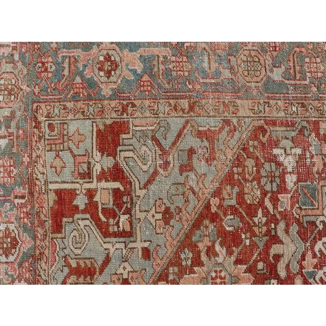 Early 20th Century Antique Heriz Rug With All-Over Medallion Design in Red, Blue, Pink, Tan & Brown For Sale - Image 9 of 13