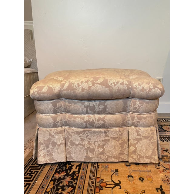 Beautiful tufted and skirted ottoman upholstered in Robert Allen "Farrington - Smoke" fabric - discontinued. Fabric is a...