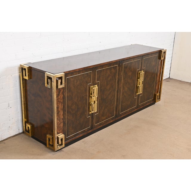 Mastercraft William Doezema for Mastercraft Mid-Century Modern Burl Wood and Brass Greek Key Sideboard Credenza, 1970s For Sale - Image 4 of 12