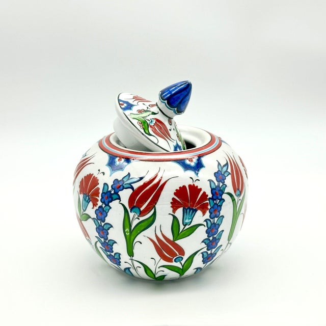 Handmade Ceramic Lidded Bonbonniere Jar Red Tulips and Carnations Round Globe For Sale - Image 6 of 8