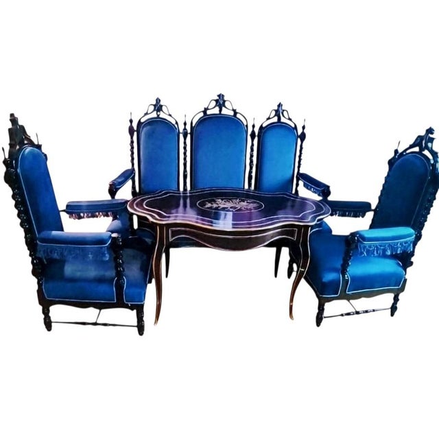 Wood French Neo-Gothic Revival Dining Set in Deep Blue Velvet, Set of 4 For Sale - Image 7 of 7