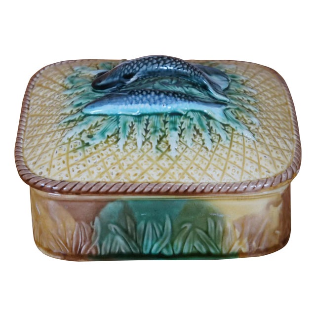 Antique Majolica Adams & Bromley Pineapple Basketweave Sardine Fish Box For Sale