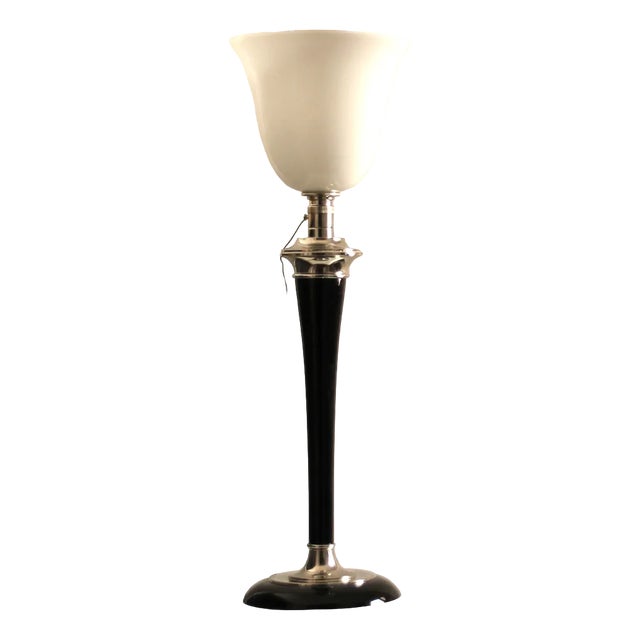 French Art Deco Table Lamp in Black Wood and Nickeled Metal from Mazda, 1920s For Sale