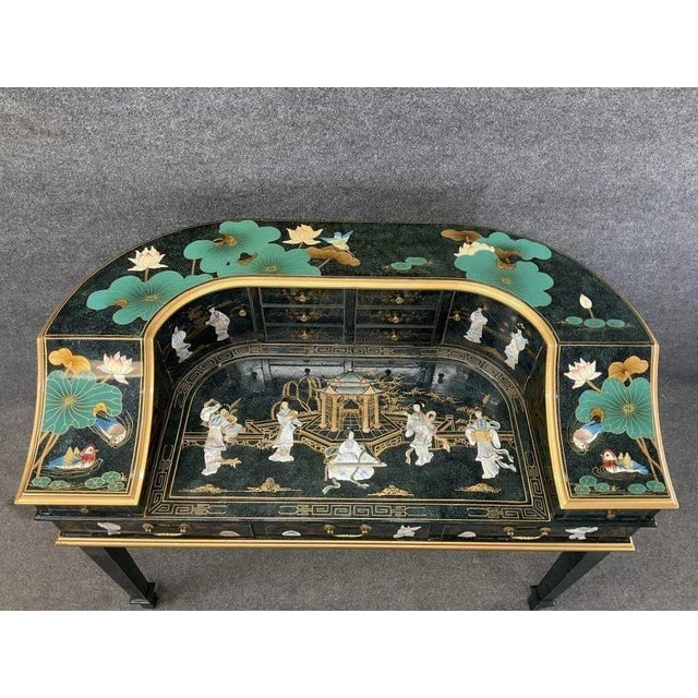 1960s 1960s Vintage Asian Lacquered Chinoiserie U Desk With Soapstone Inlay Multiple Drawers For Sale - Image 5 of 16