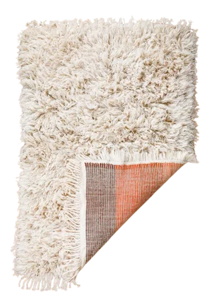 Hand-Knotted Reversible Natural White Shag Moroccan Wool Rug With Sunrise Stripe Back 4x6